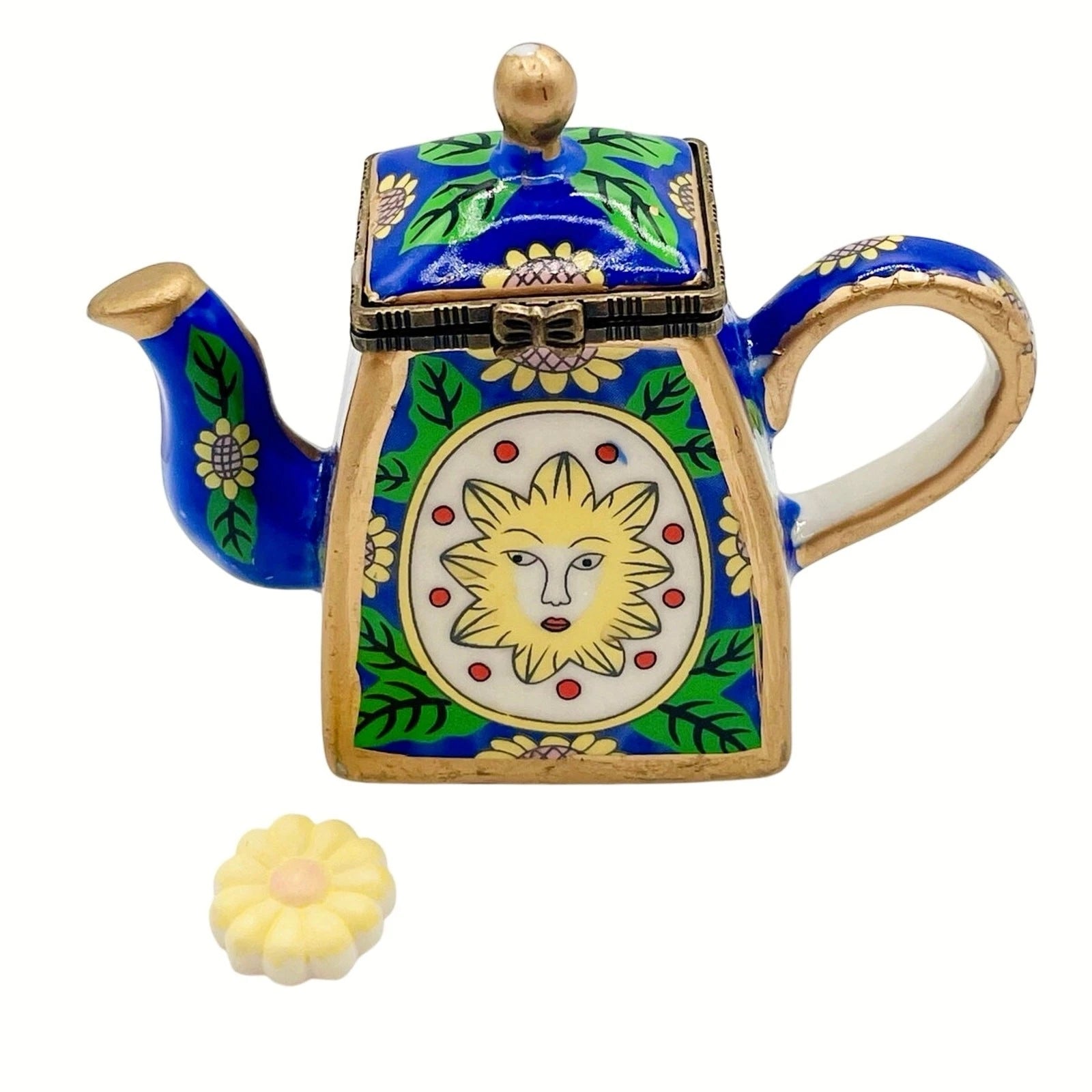 Miniature Blue Enamel Teapot Yellow Sun Face with Sunflower Charm Porcelain 3.5” | eBay
