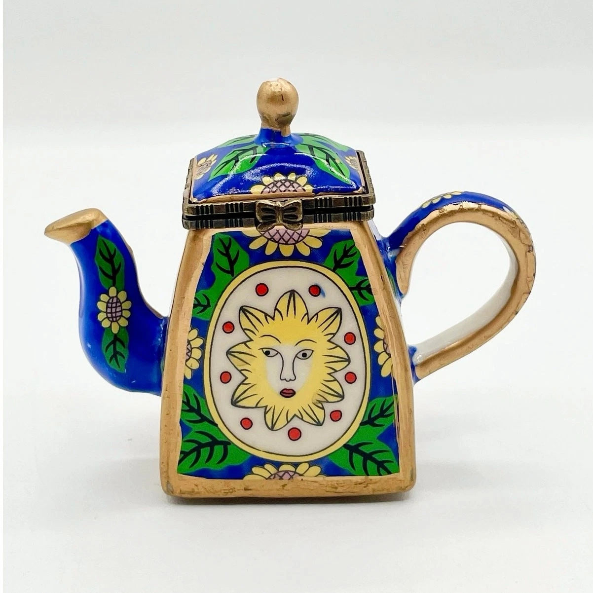 Miniature Blue Enamel Teapot Yellow Sun Face with Sunflower Charm Porcelain 3.5” | eBay