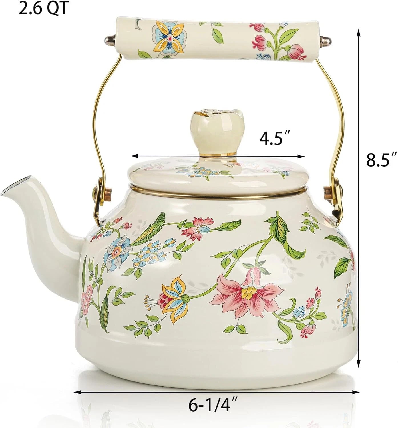 Vintage Enamel Tea Kettle 2.6 Qt Green Floral Stovetop Teapot Porcelain Handle | eBay