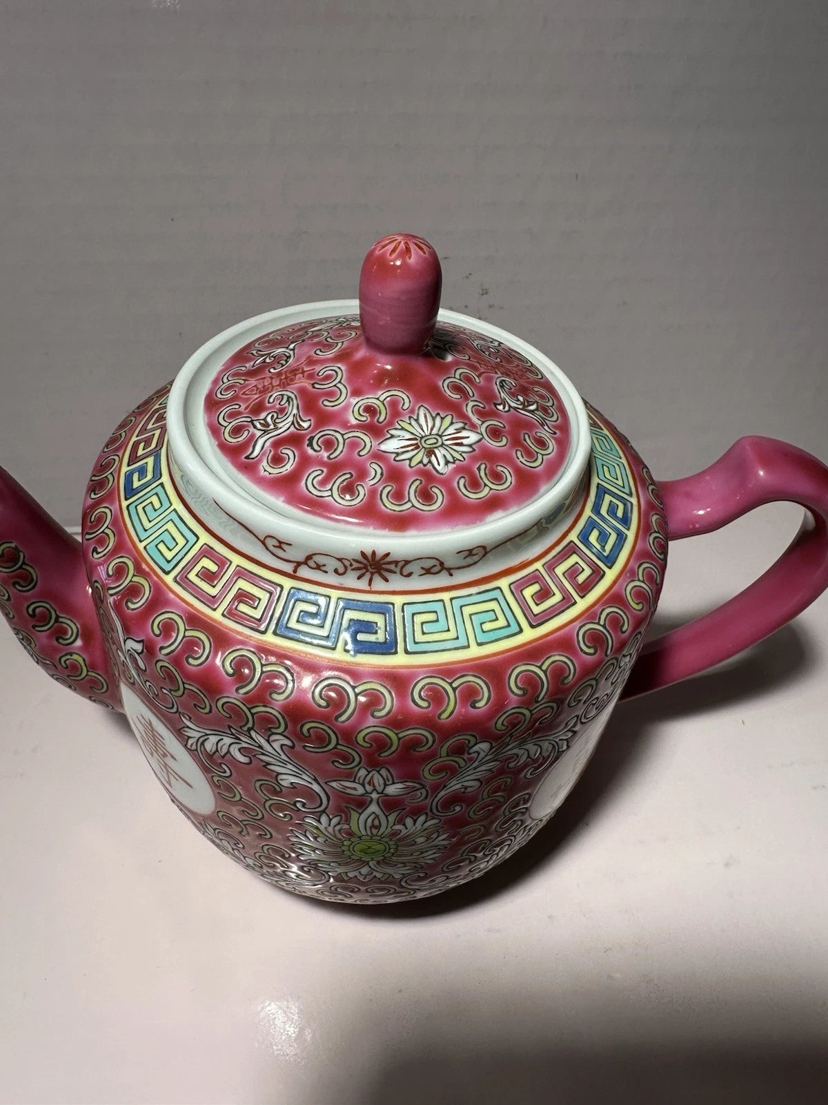 Red Famille Rose HP Enamel Porcelain 6” Chinese Longevity Mun Shou Teapot VTG | eBay
