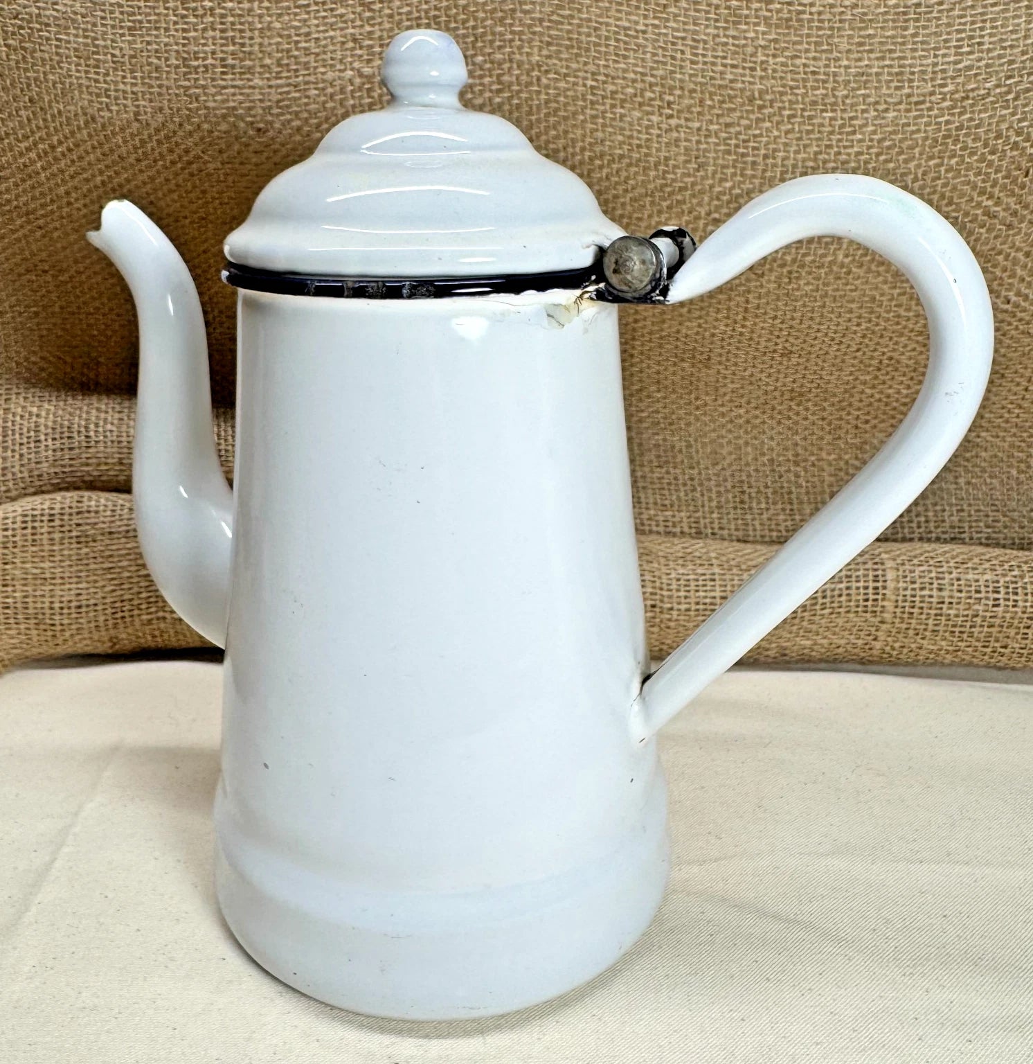 Vintage Enamel Coffee Tea Pot w Goose Neck Spout White w Blue Rim | eBay