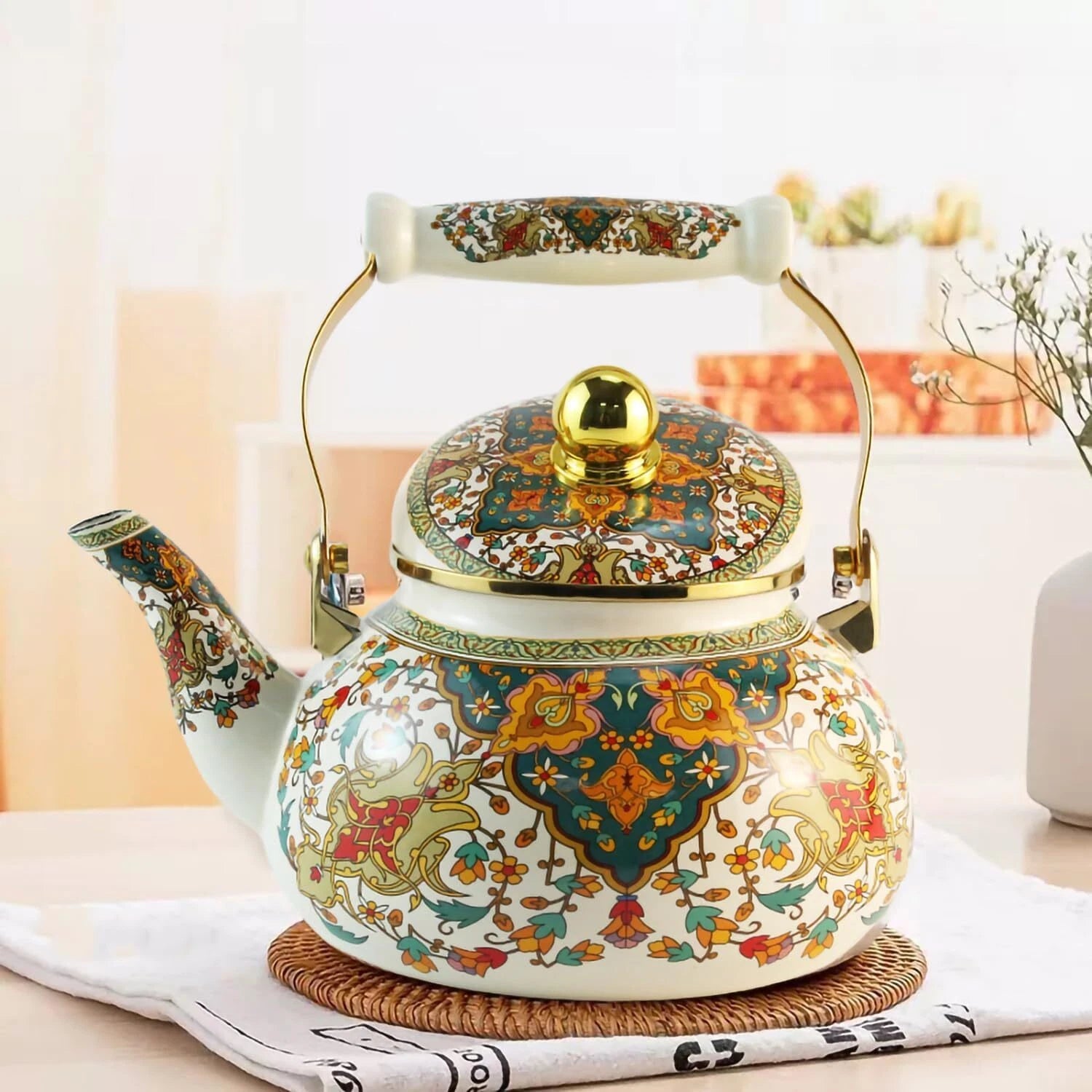Vintage Floral Enamel Tea Kettle 2.5L Gold Beige Boho Stovetop Porcelain Handle | eBay