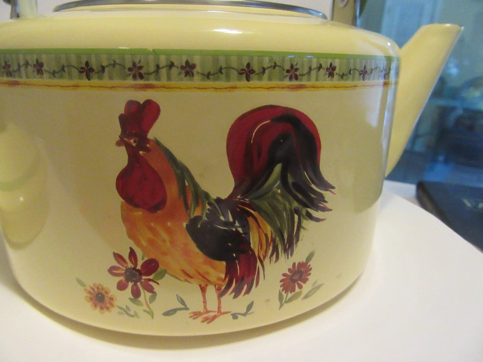 Rooster with flowers painted enamel Metal Tea Pot never used | eBay