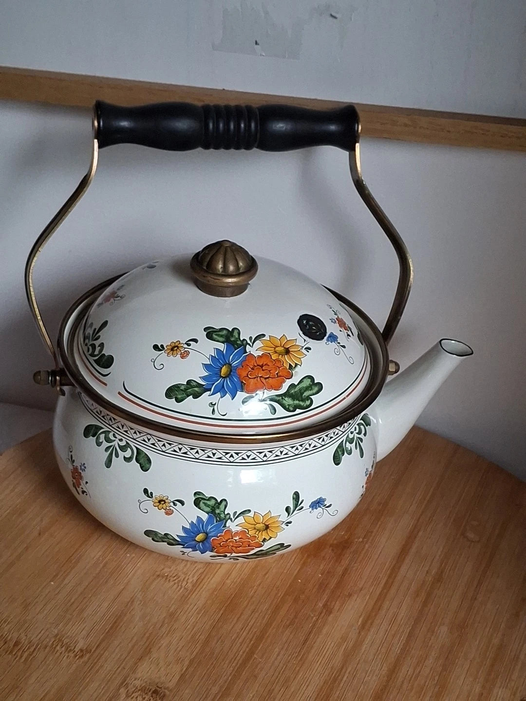 Vtg Enamel Ware Floral Teapot Kettle With Wooden Handle Normandy | eBay