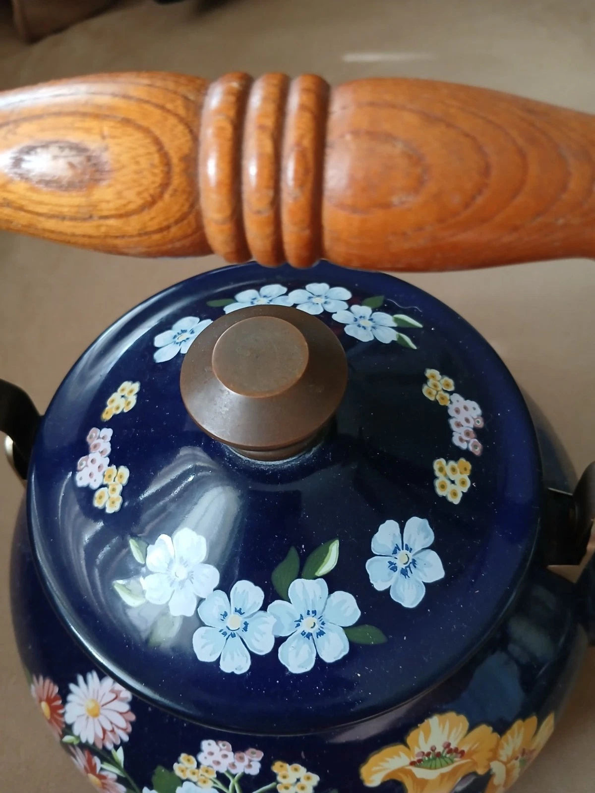 Vintage 80s Flower Garden Navy Blue Enamel Teapot Wooden Handle Cottage Kitchen | eBay