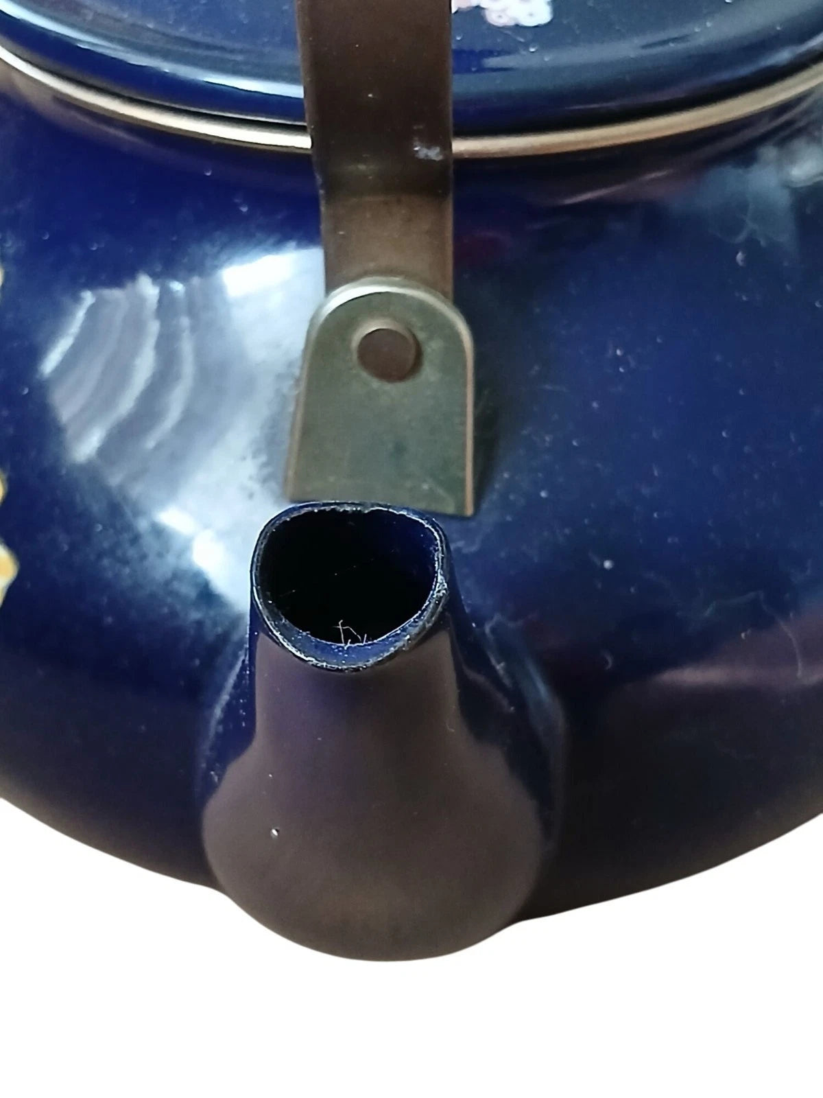 Vintage 80s Flower Garden Navy Blue Enamel Teapot Wooden Handle Cottage Kitchen | eBay