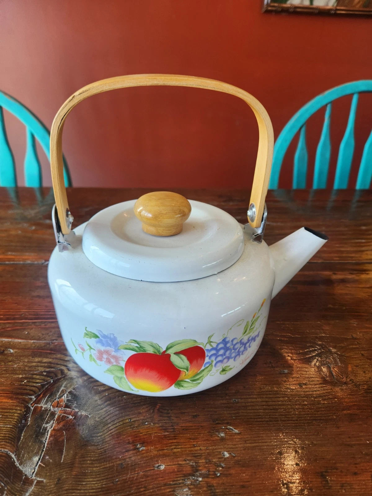 Vtg Old Enamel Porcelain Apple Grapes Wooden Handle Teapot Kettle Indonesia | eBay
