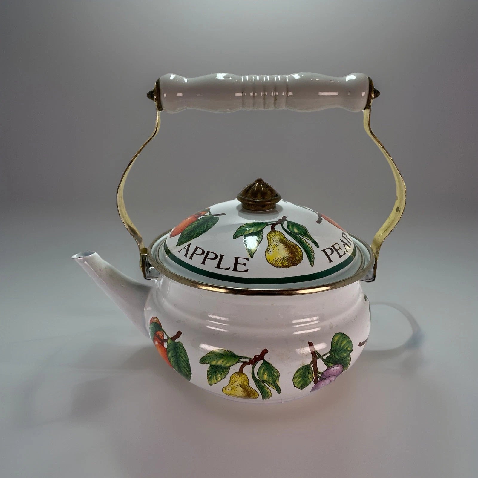 Vintage Enamel Fruit Decorated Tea Kettle (Plum/Apple/Peach/Pear) | eBay