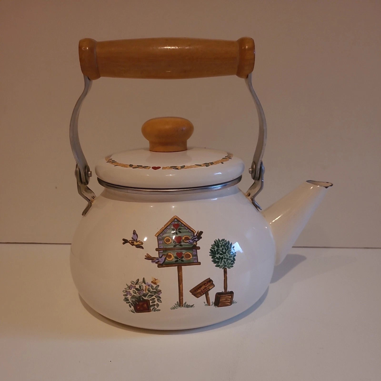 Vintage 90s Thomson Enamel Tea Pot Kettle Bird House Wood Handle & Knob 2.5 Qts | eBay