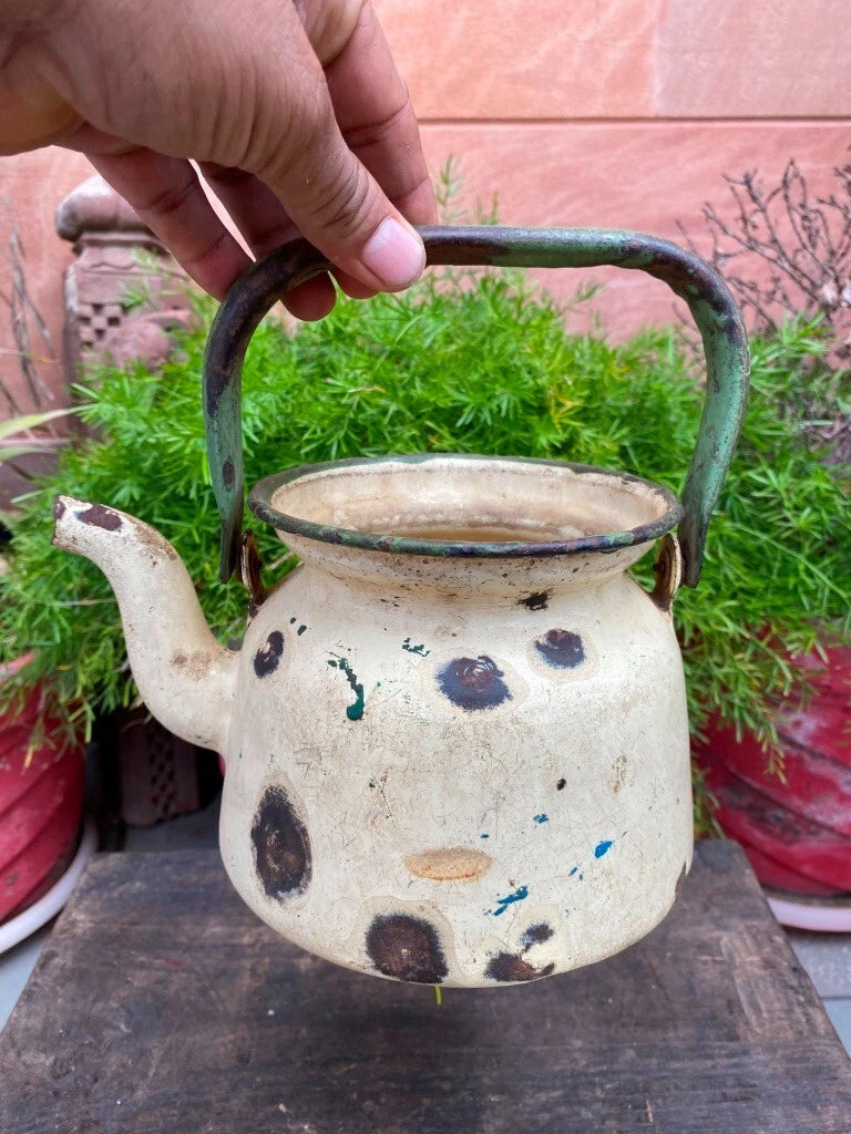 Collectible Old Cream Green Rustic Enamel Porcelain Teapot Tea Kettle | eBay