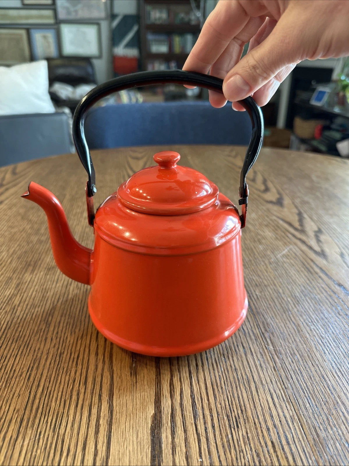 Red Enamel Tea Pot Mid Century Black Enamel Handle Vintage | eBay
