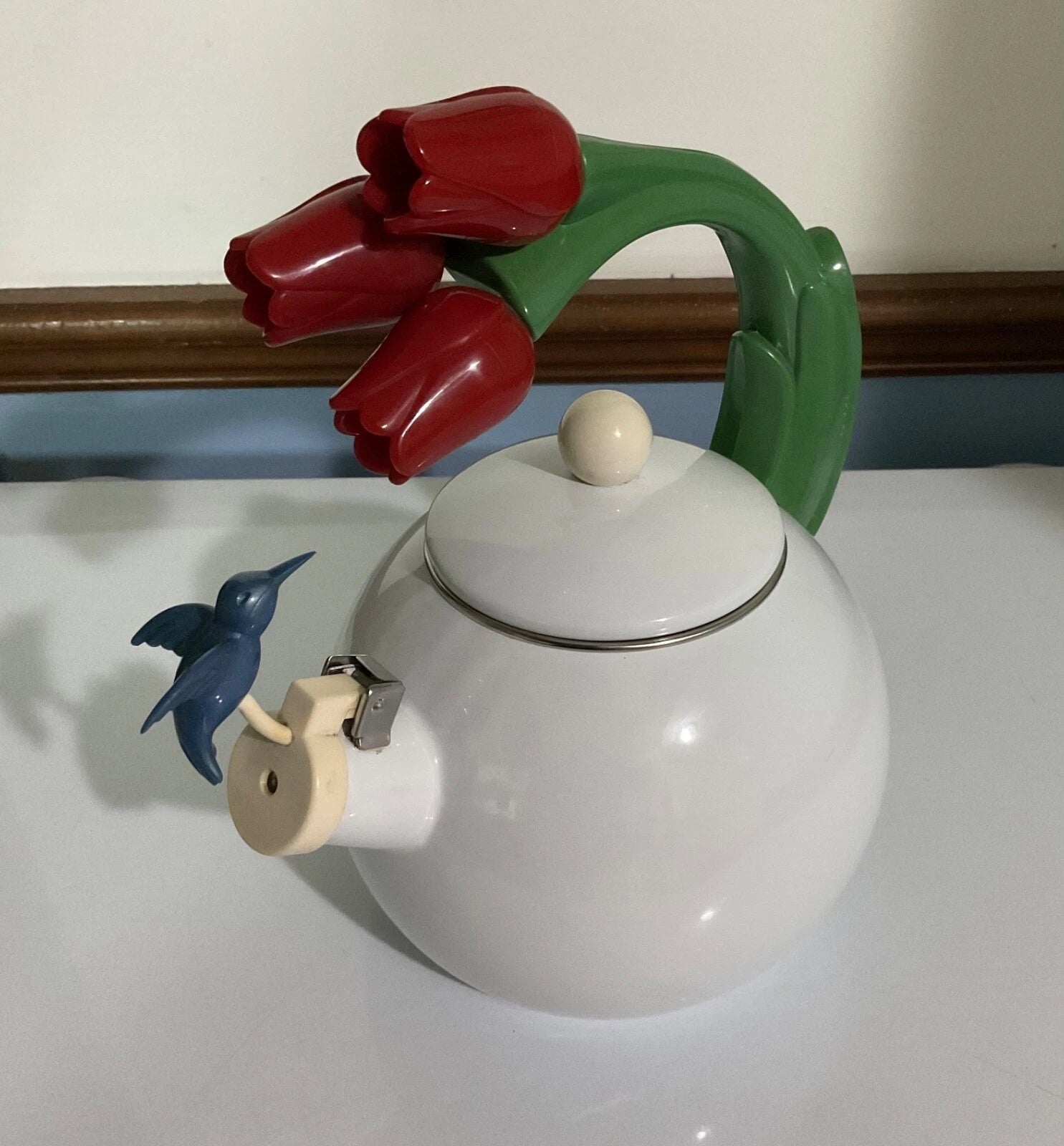 90s Ancona Hummingbird & Tulips White Enamelware Kettle Teapot. Beautiful! | eBay