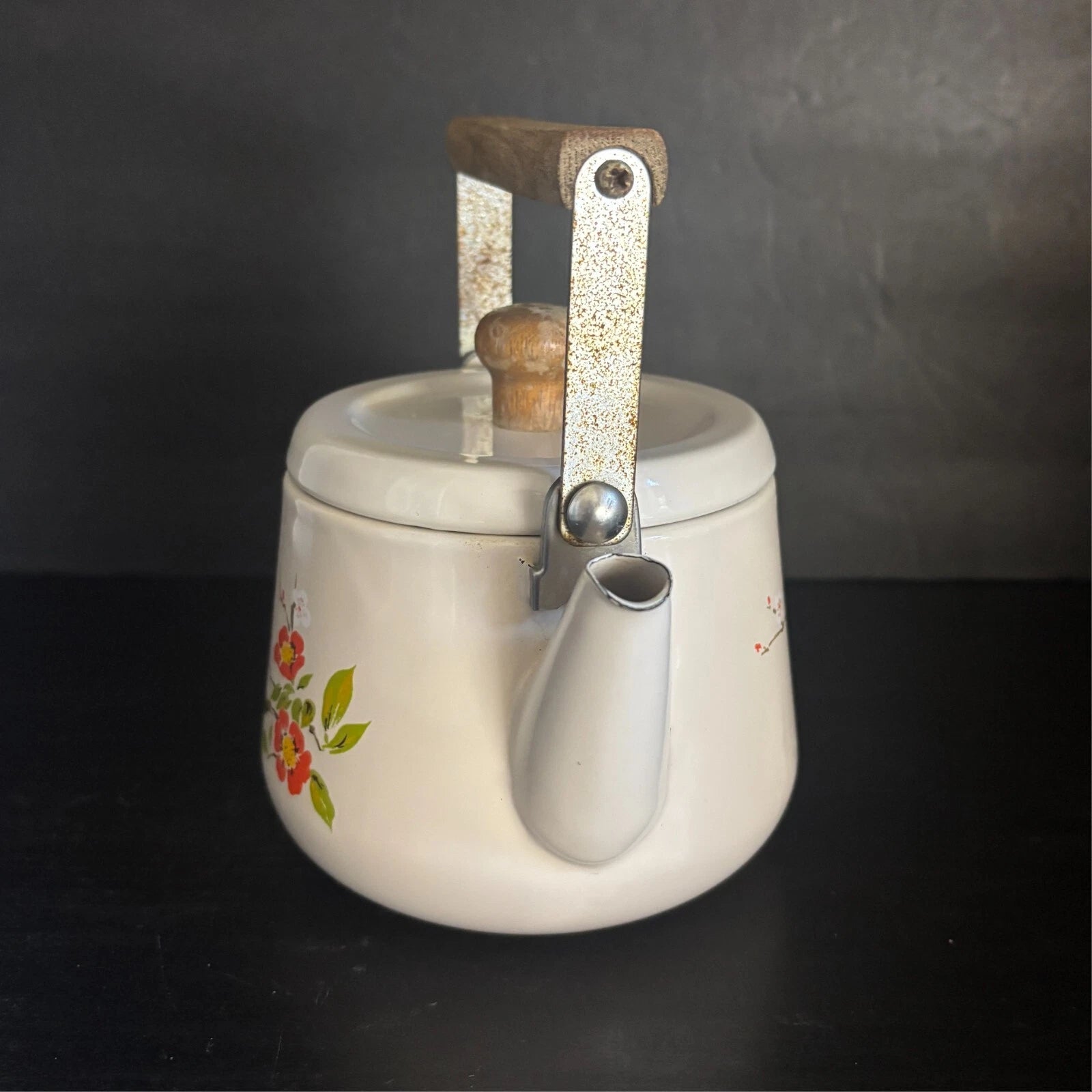 Vintage Enamel Tea Pot Kettle 5 Cup Birds Orange Floral Wood Handle & Knob | eBay