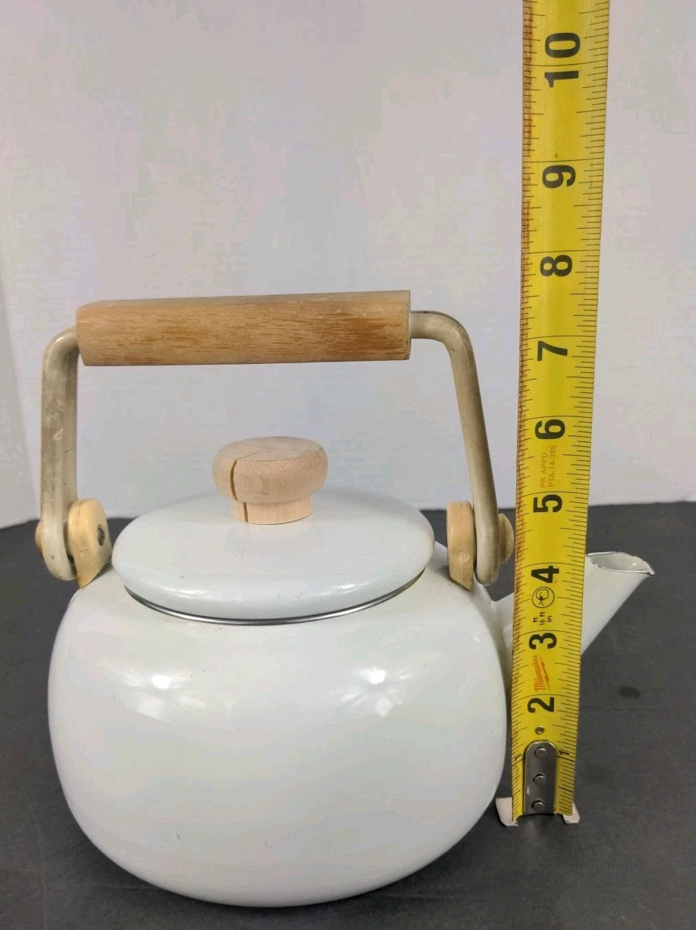 Vintage White Enamel Tea Kettle w Wood Handle Thailand | eBay