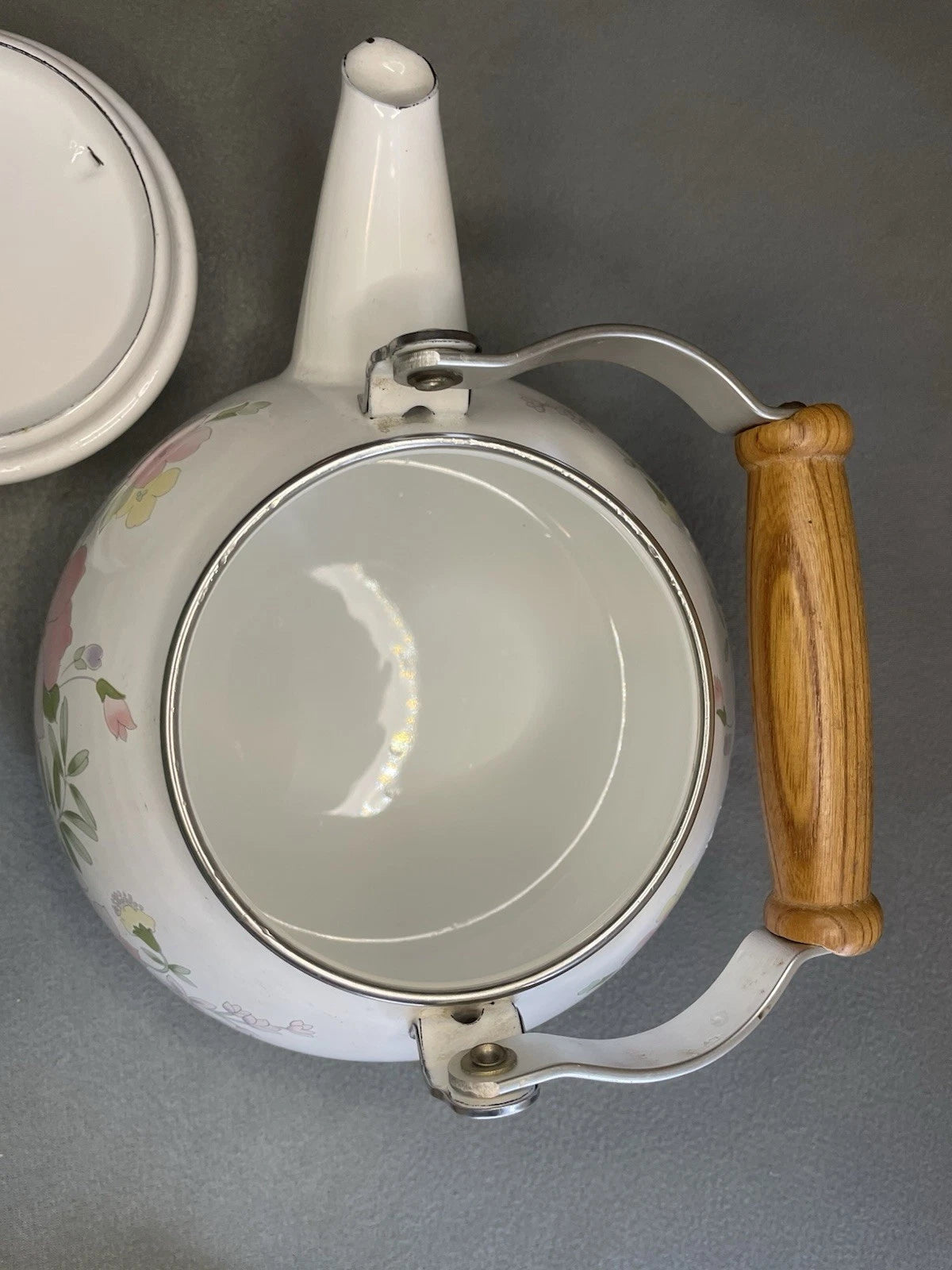 Vintage Enamel Teapot Floral pastel design w/ wood handle vintage farmhouse MCM | eBay