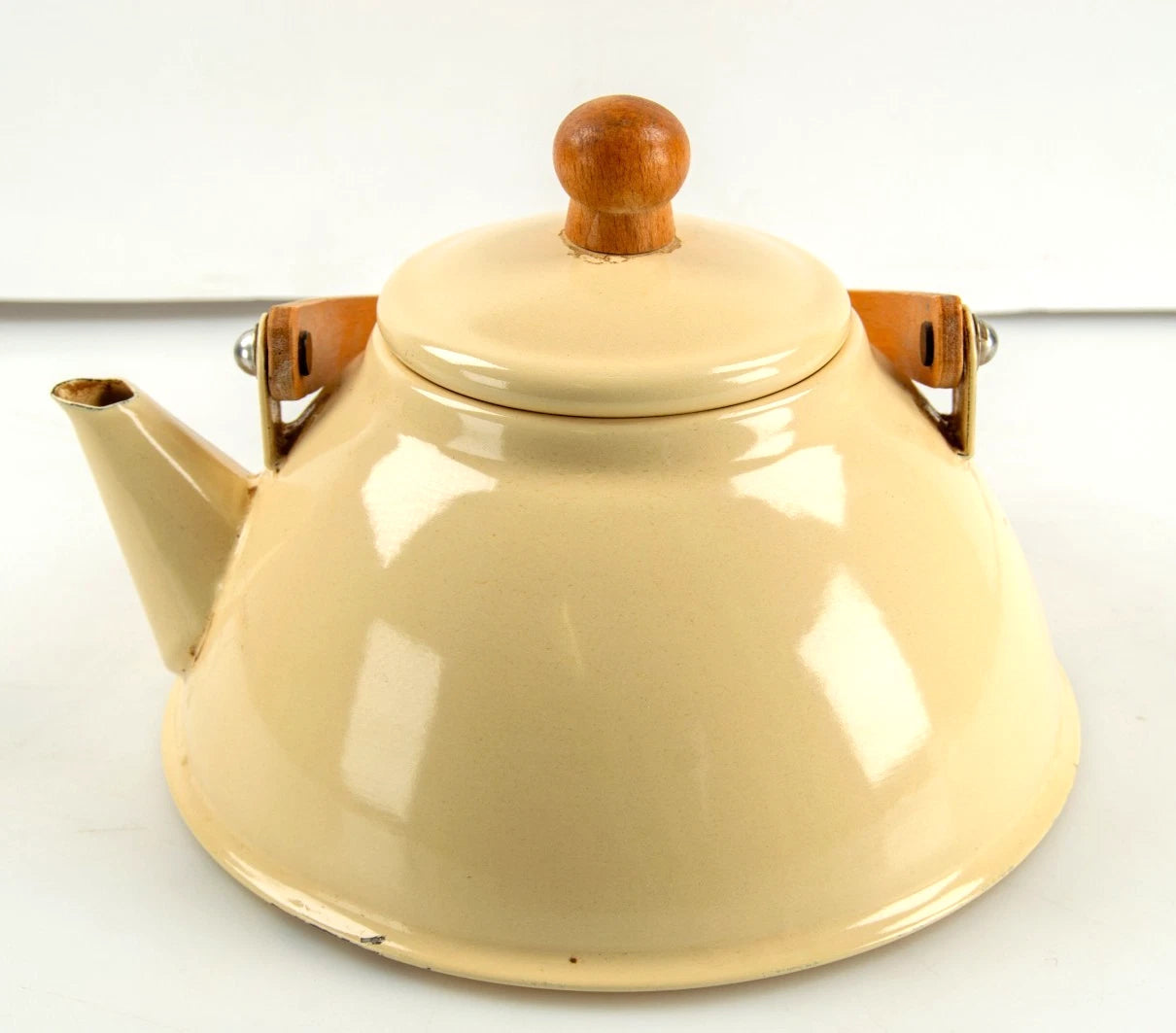 Vintage Cream Enamel Kettle Zen Teapot Wood Handle | eBay
