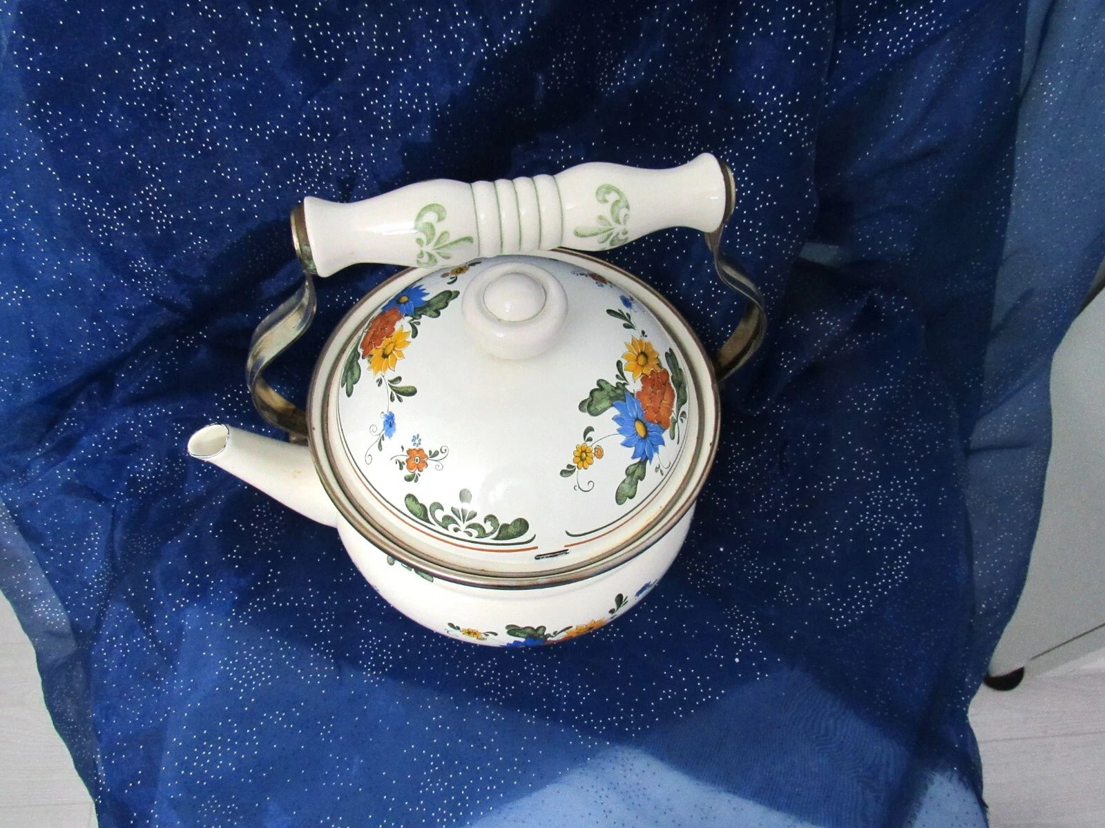 Vtg Enamel Teapot 1980s Porcelain Floral Kettle Tea Pot Farmhouse Ceramic Handle | eBay