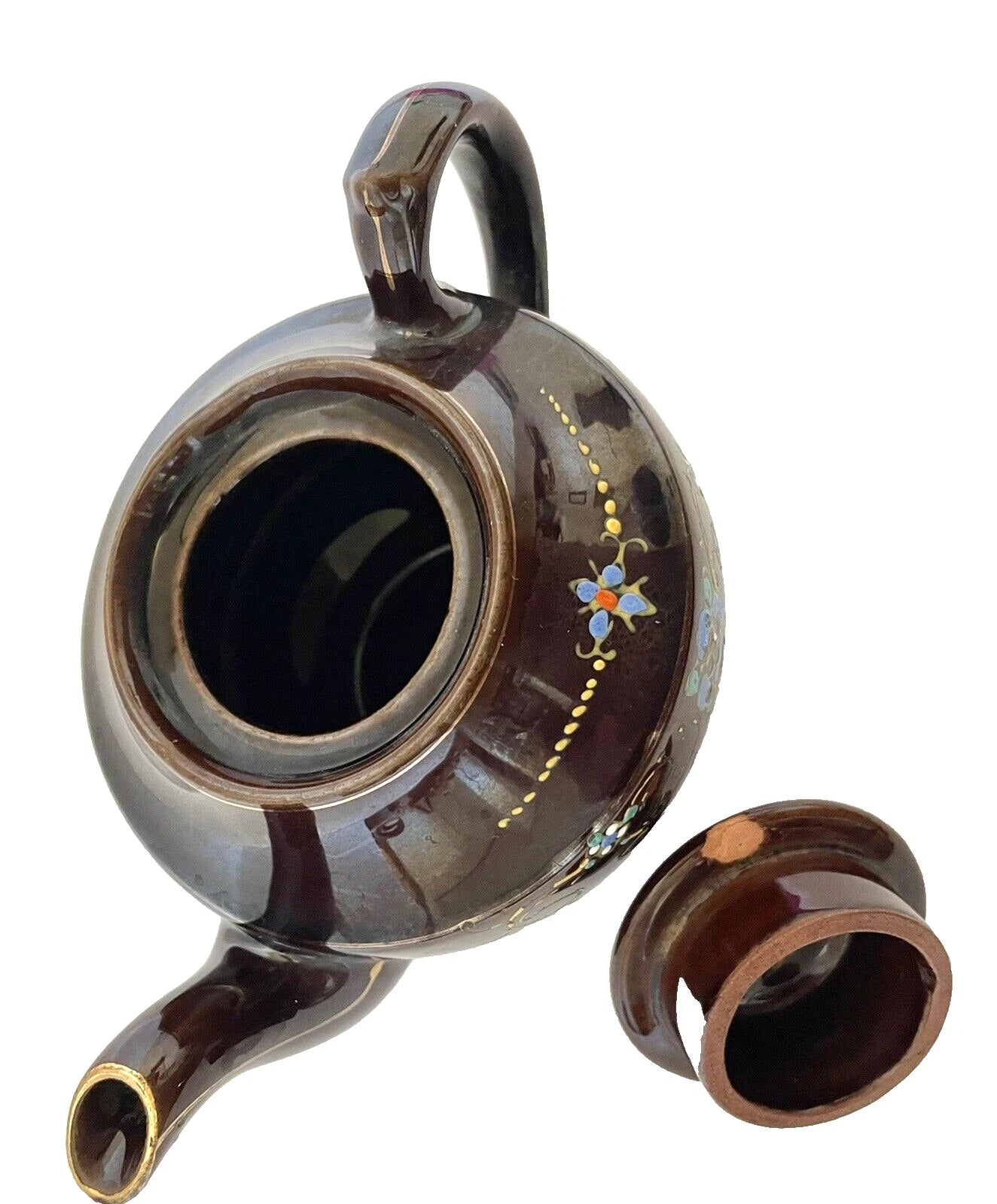 Redware Small Teapot Gold Trim Hand Painted Enamel Flowers Vintage Japan | eBay