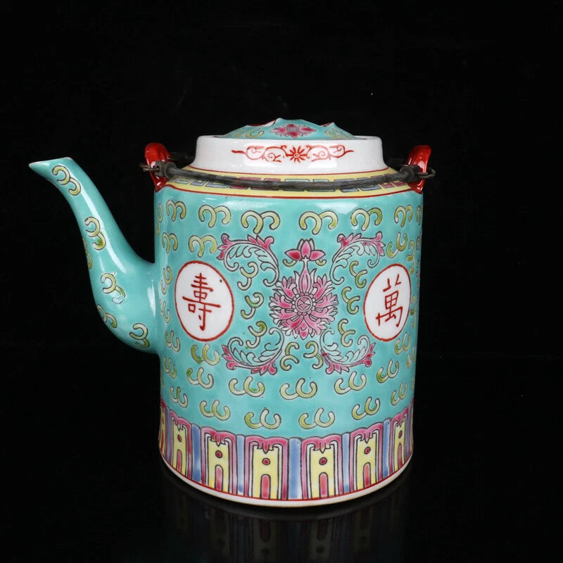 Chinese Porcelain Green Enamel Handpainted Flowers Longevity Teapot M2668 | eBay