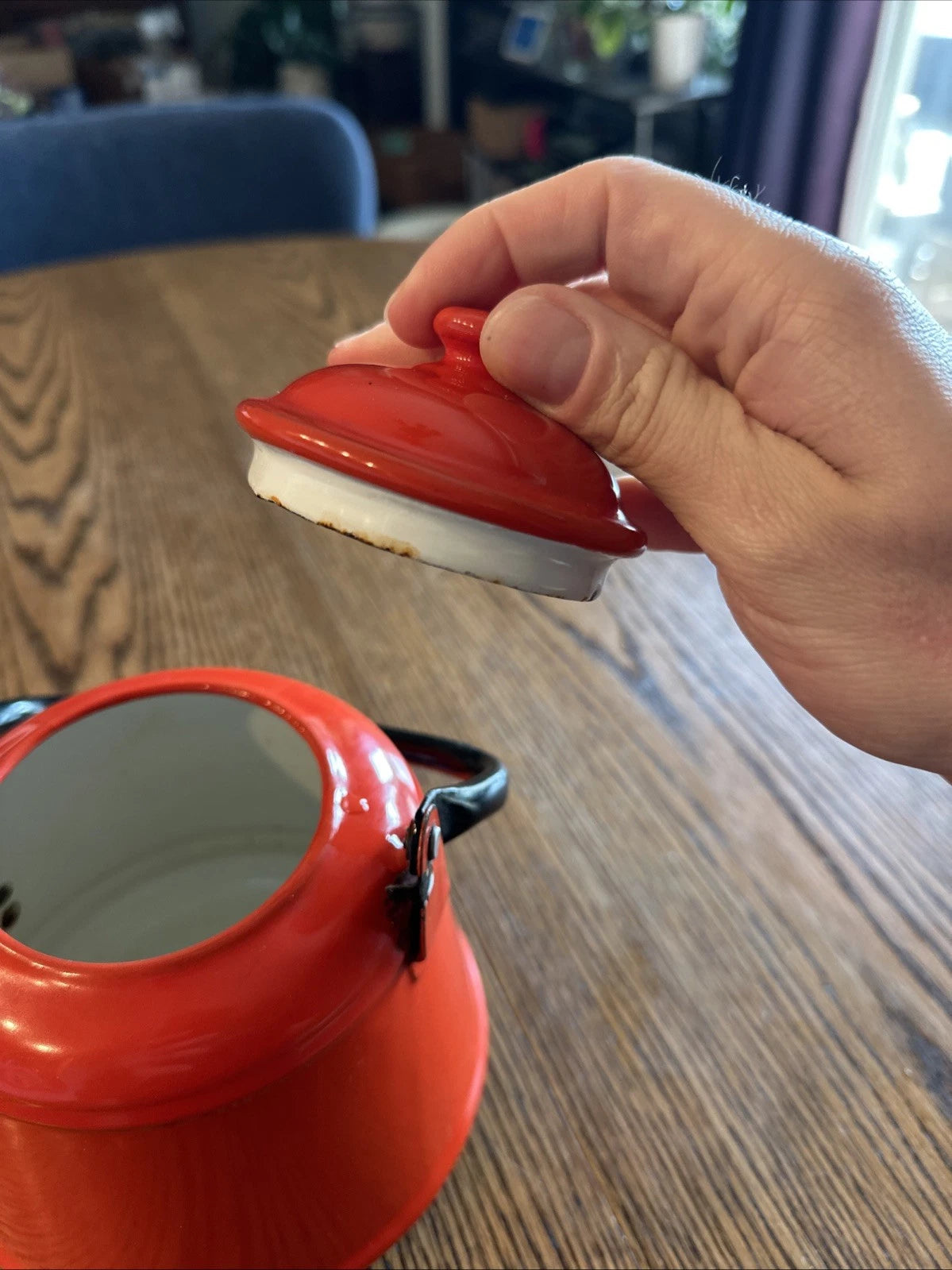Red Enamel Tea Pot Mid Century Black Enamel Handle Vintage | eBay