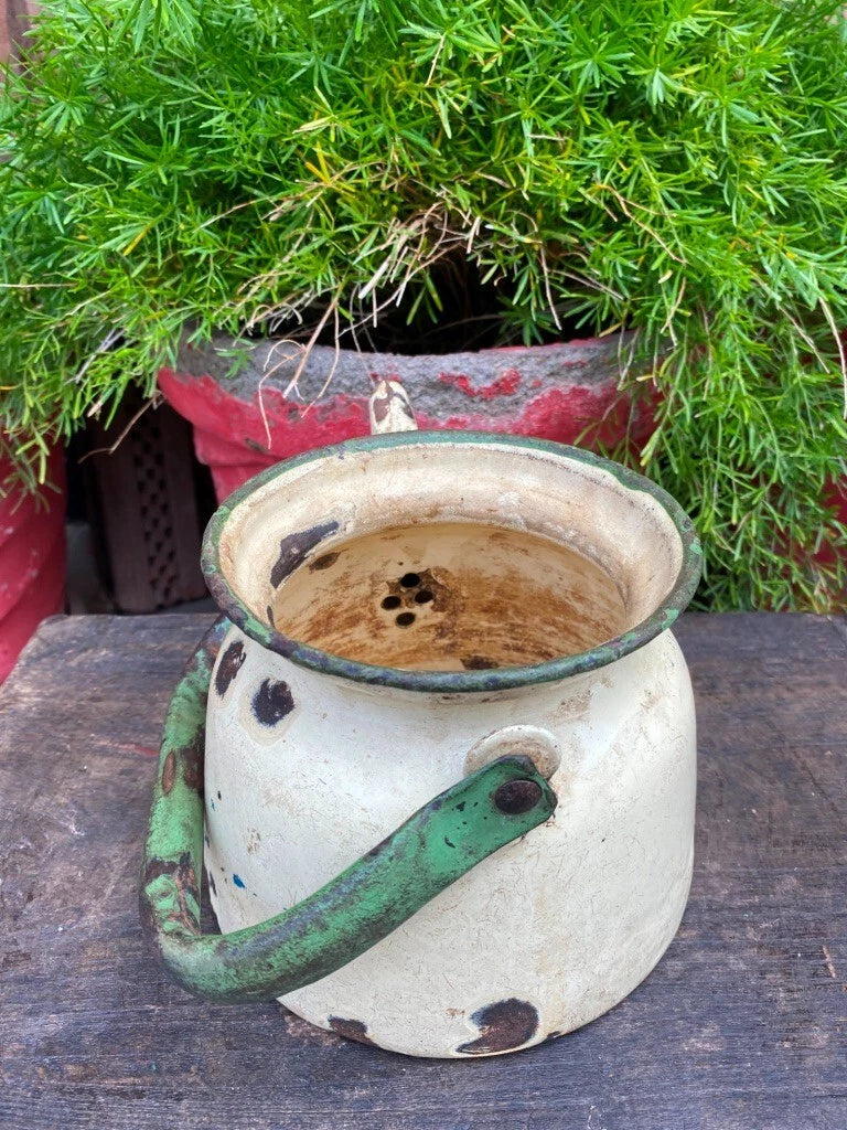 Collectible Old Cream Green Rustic Enamel Porcelain Teapot Tea Kettle | eBay