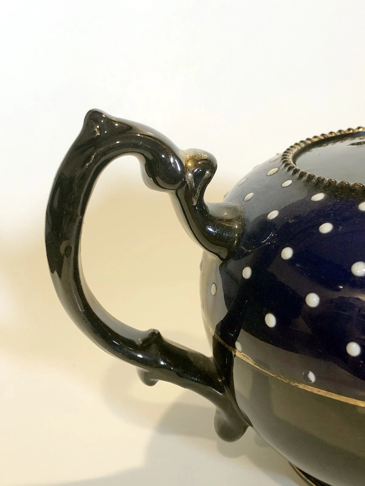 Vintage Teapot Cobalt Blue, Jet Black, White Enameled Dots with Gold Accents | eBay