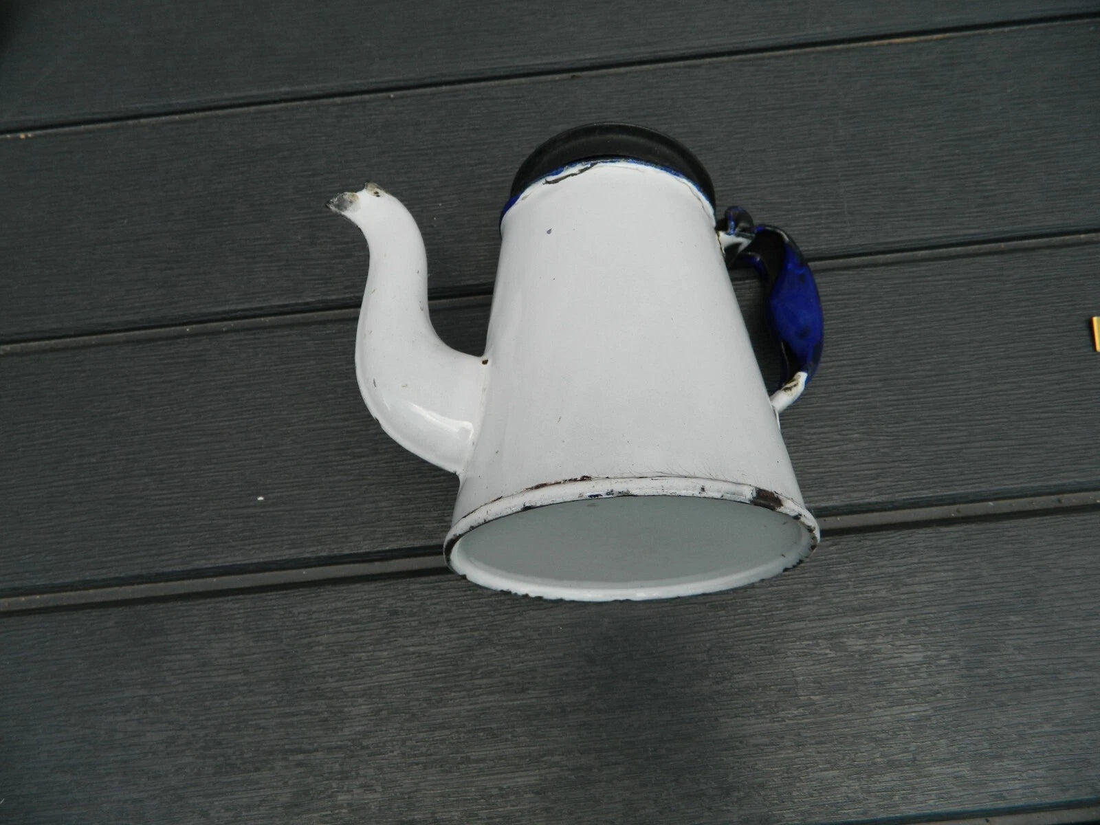 Primitive White Enamelware teapot with black top blue handle 3" diameter | eBay