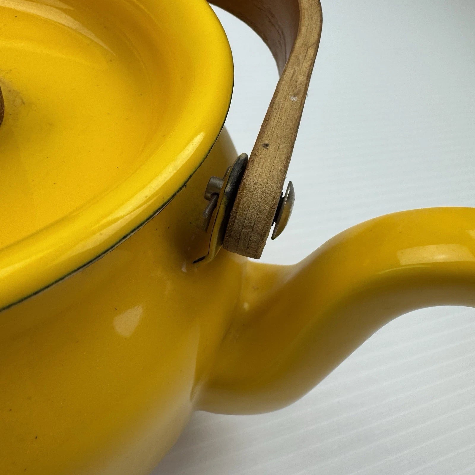 Vintage MCM Yellow Enamel Tea Kettle Teapot With Lid Wood Handle EnamelWare | eBay
