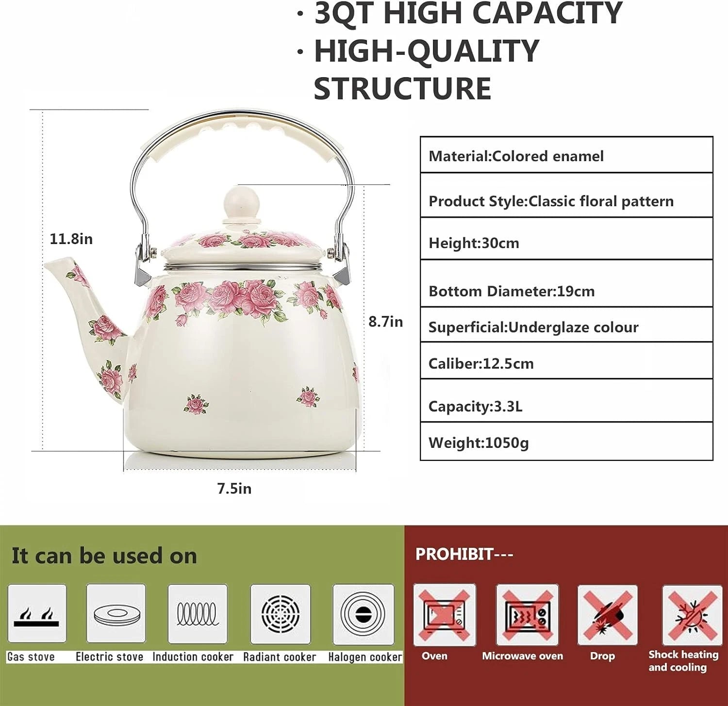 Elegant Porcelain Tea Kettle - 3.3L Enamel Teapot with Whistling Feature | eBay