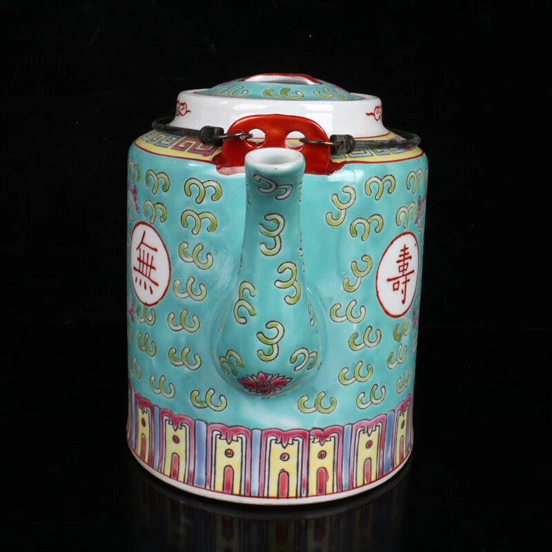 Chinese Porcelain Green Enamel Handpainted Flowers Longevity Teapot M2668 | eBay