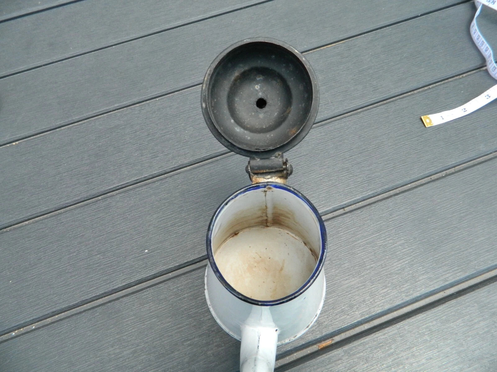 Primitive White Enamelware teapot with black top blue handle 3" diameter | eBay