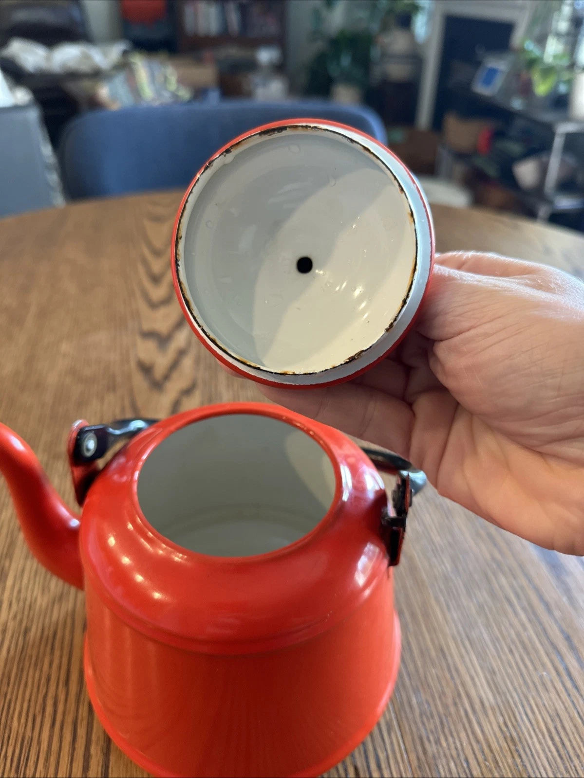 Red Enamel Tea Pot Mid Century Black Enamel Handle Vintage | eBay