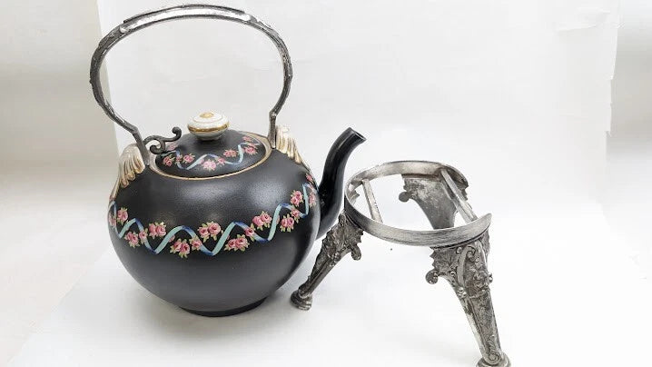 Antique Teapot Kettle on Stand Victorian Meriden Silver Plate Porcelain Enamel | eBay