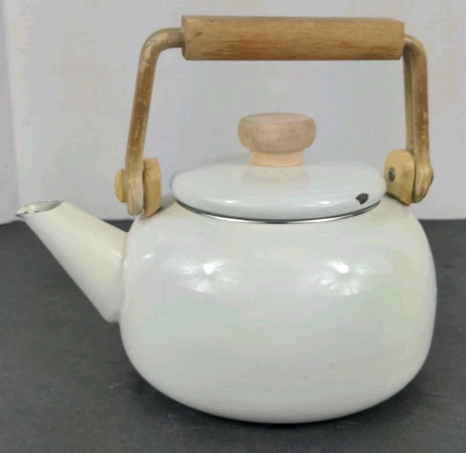 Vintage White Enamel Tea Kettle w Wood Handle Thailand | eBay