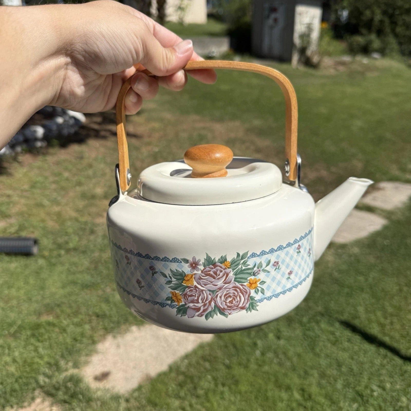 Vintage Floral Enamel Wood Handled Tea Pot Kettle Boho Cottagecore Farmhouse | eBay
