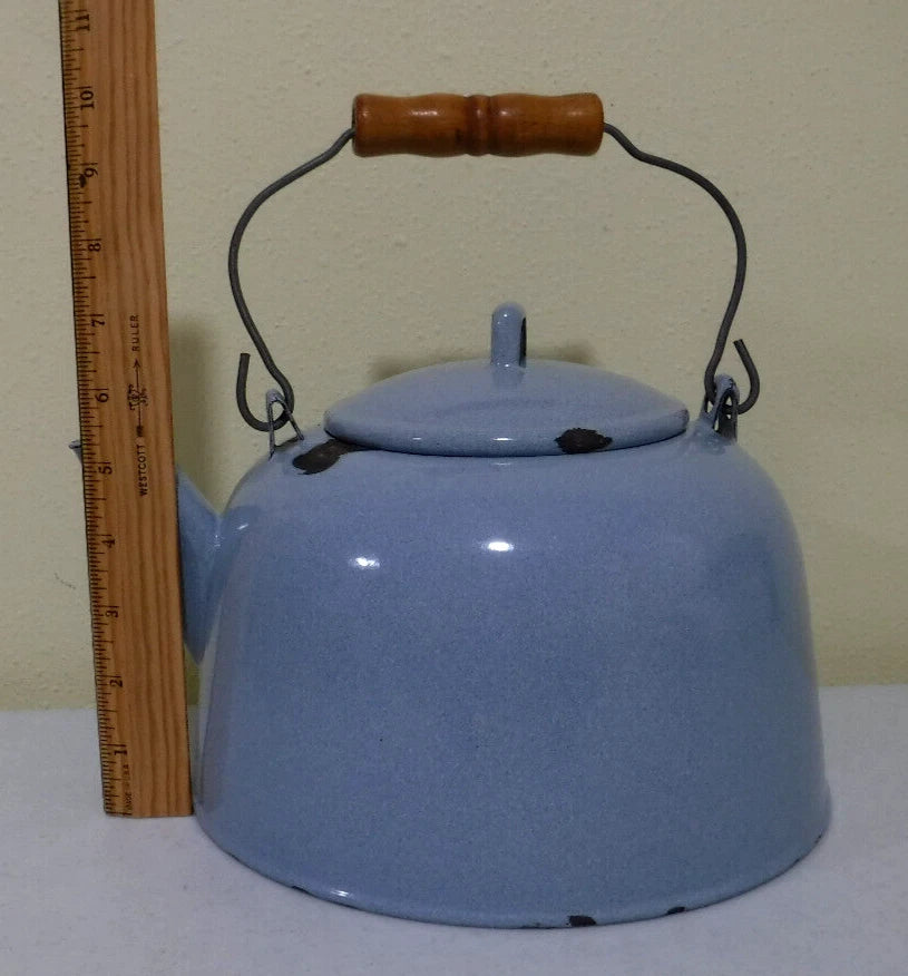 Vintage Enamel Light Blue Speckled Teapot with Wood Handle | eBay