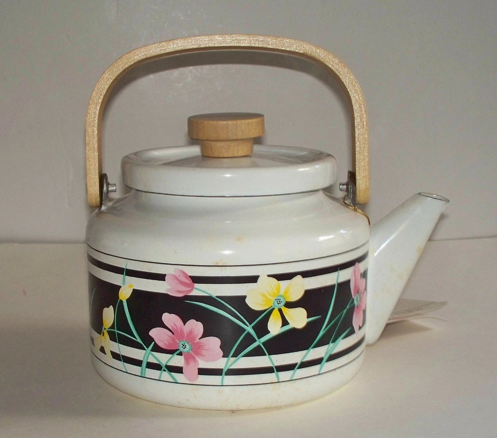 NIB TEAPOT 2.5 QT. PORCELAIN ENAMEL TEA KETTLE WOOD HANDLE White Multi | eBay