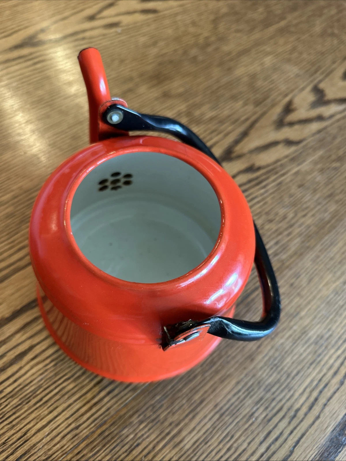 Red Enamel Tea Pot Mid Century Black Enamel Handle Vintage | eBay