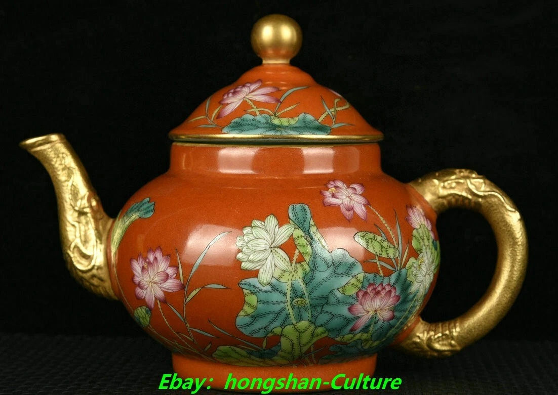 7" Qianlong Red Glaze Enamel Colour Porcelain Gold Lotus Wine Tea Pot Flagon | eBay