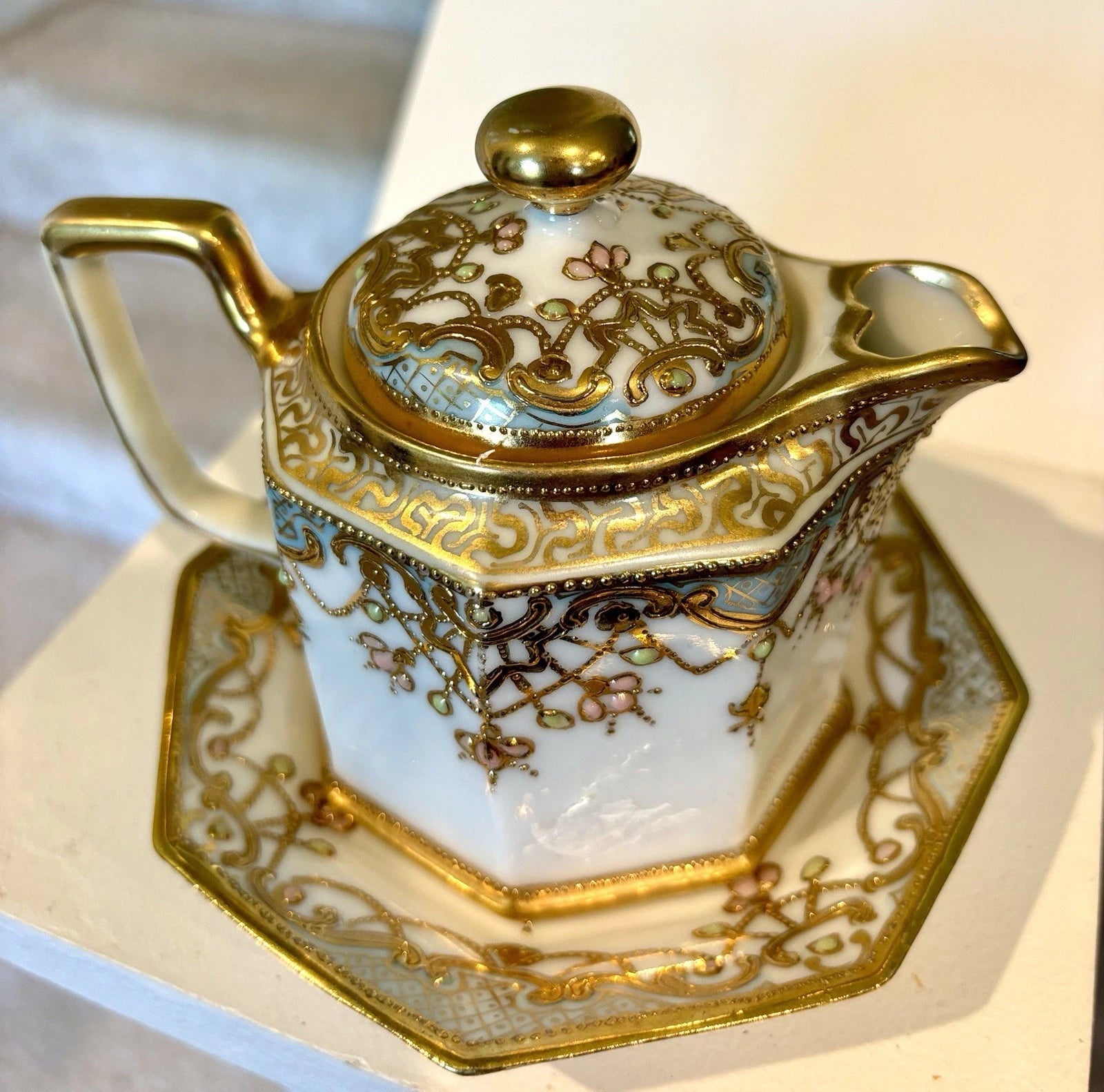 Esquisite NIPPON MORIAGE TEAPOT & UNDERPLATE GOLD ENAMEL - BEADING | eBay