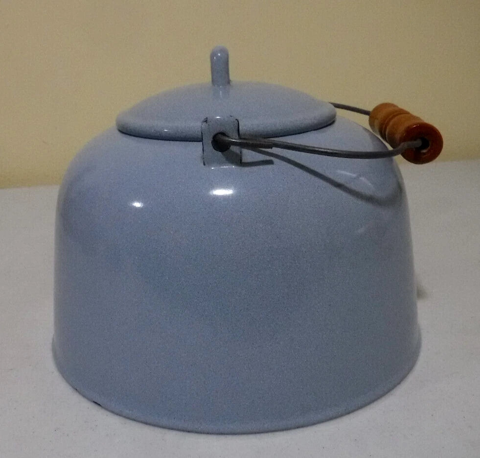 Vintage Enamel Light Blue Speckled Teapot with Wood Handle | eBay