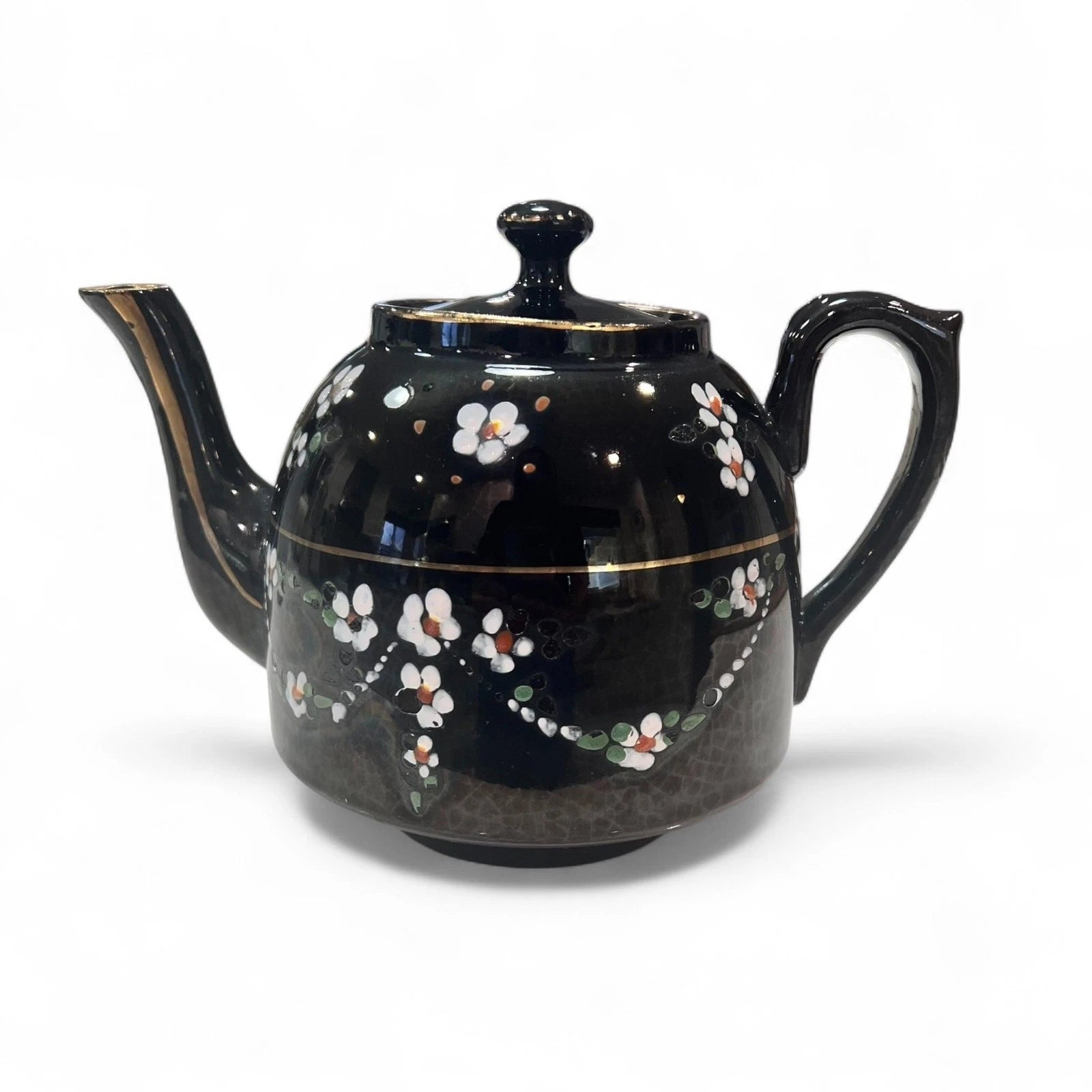 Vintage Black Glazed Teapot with Hand Painted Enamel Flowers & Gold Trim c1930s | eBay