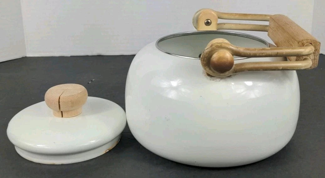 Vintage White Enamel Tea Kettle w Wood Handle Thailand | eBay