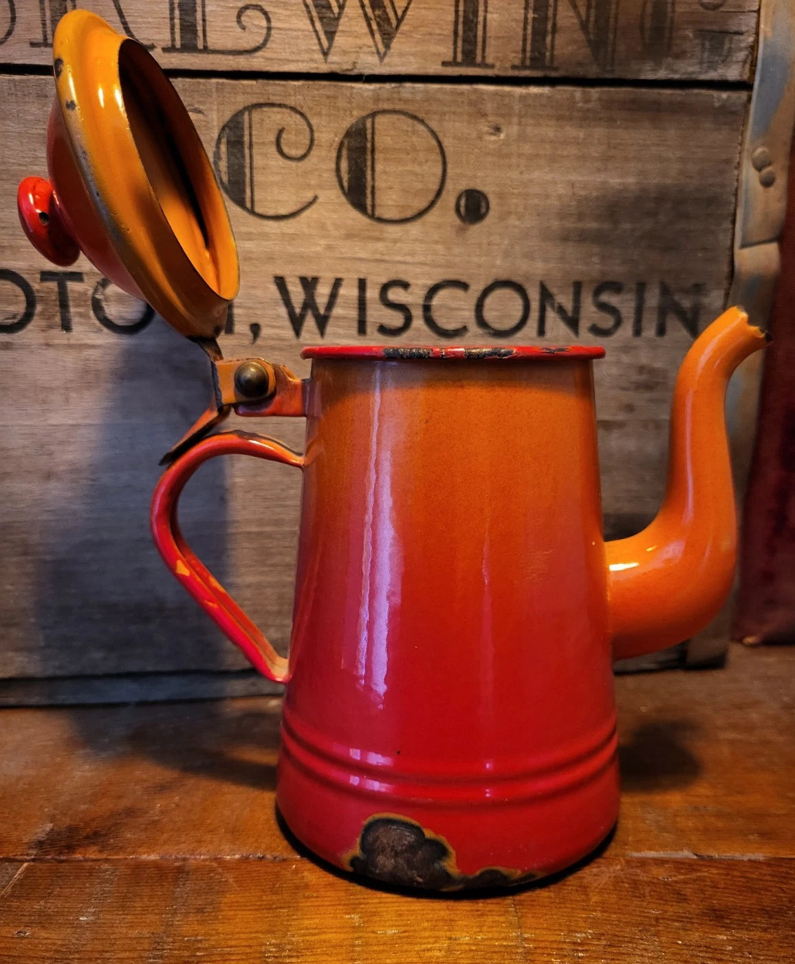 Vintage Enamel Tea Coffee Pot Orange Red Enamelware Hinged Lid Bassano Italy | eBay