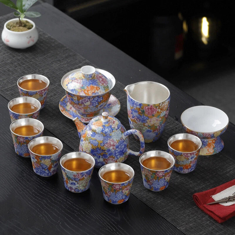 Enamel Craft Complete Tea Set Pure Silver Porcelain Gaiwan Tea Pot Cup Pitcher | eBay