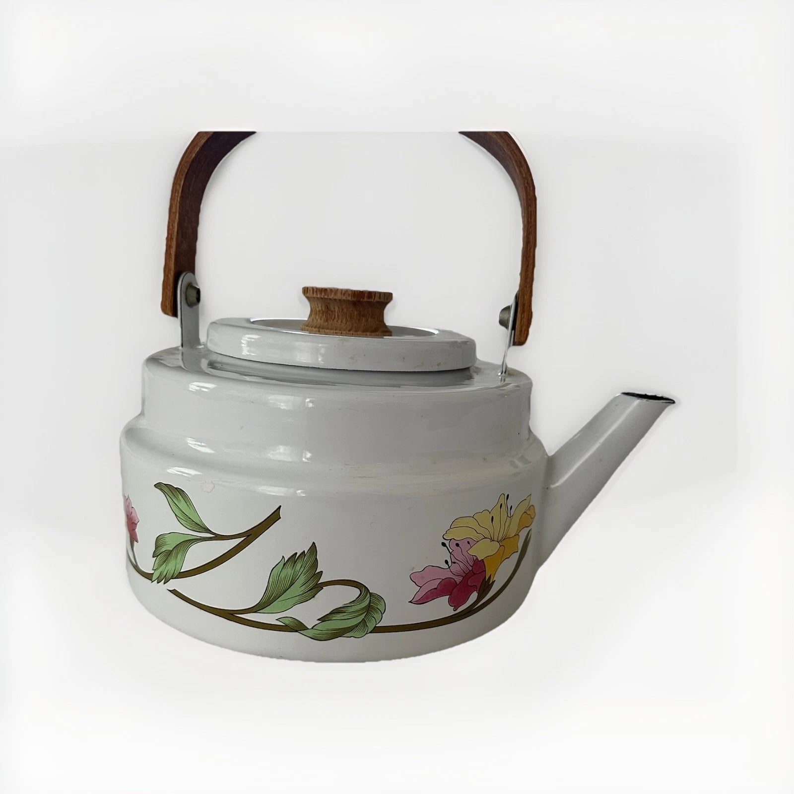 Vintage Gailstyn-Sutton White Enamel Floral Teapot Tea Kettle Wooden Handle 80’s | eBay