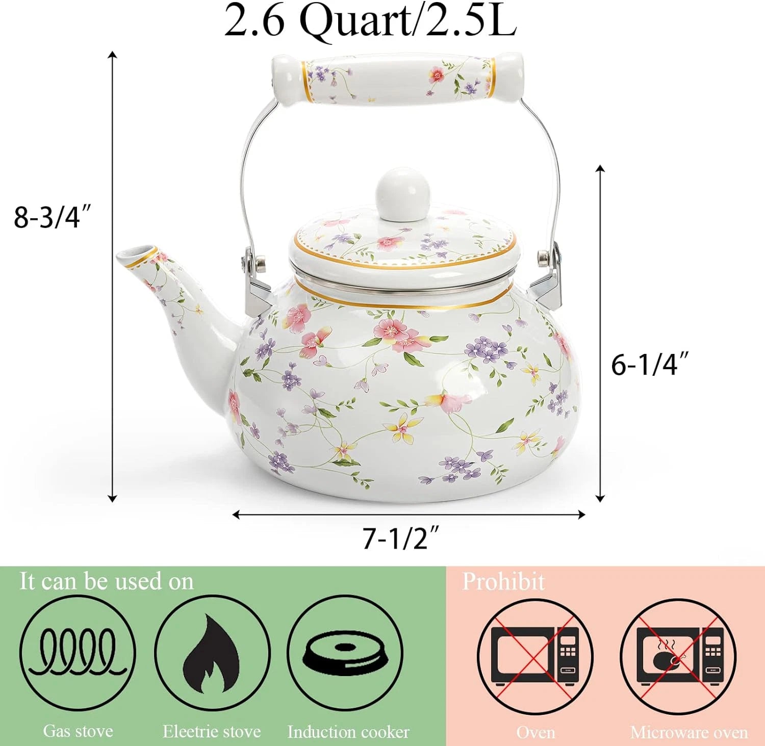 Vintage Enamel Tea Kettle 2.6 Quart Floral Enamel on Steel Water Kettle Teapot | eBay