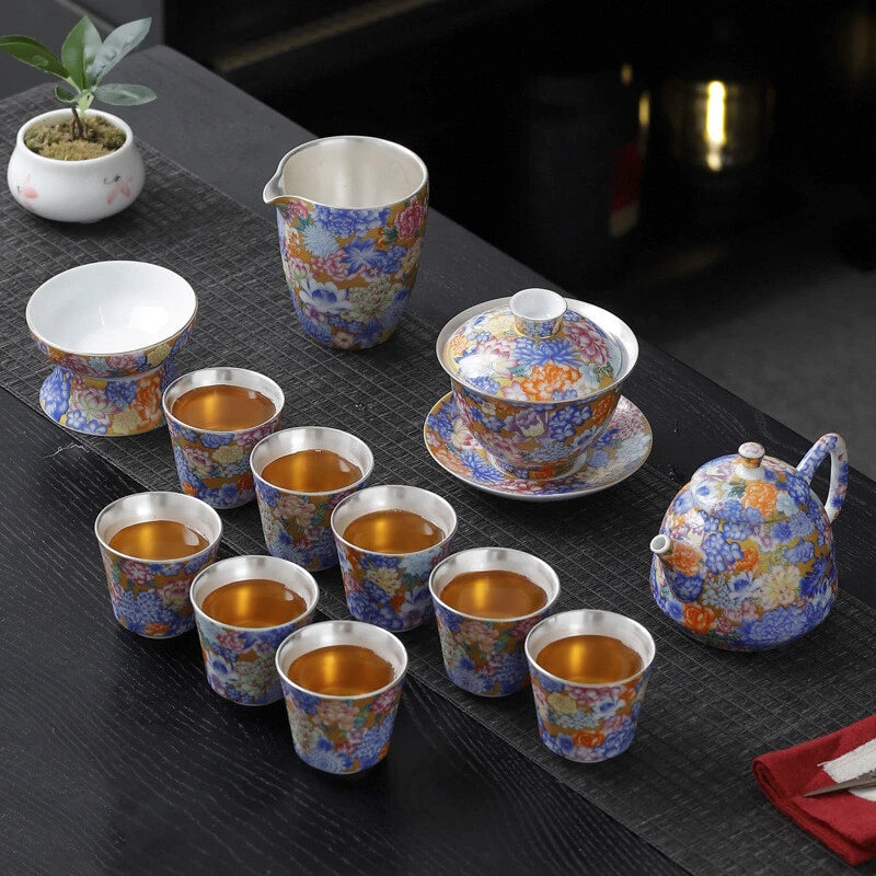 Enamel Craft Complete Tea Set Pure Silver Porcelain Gaiwan Tea Pot Cup Pitcher | eBay