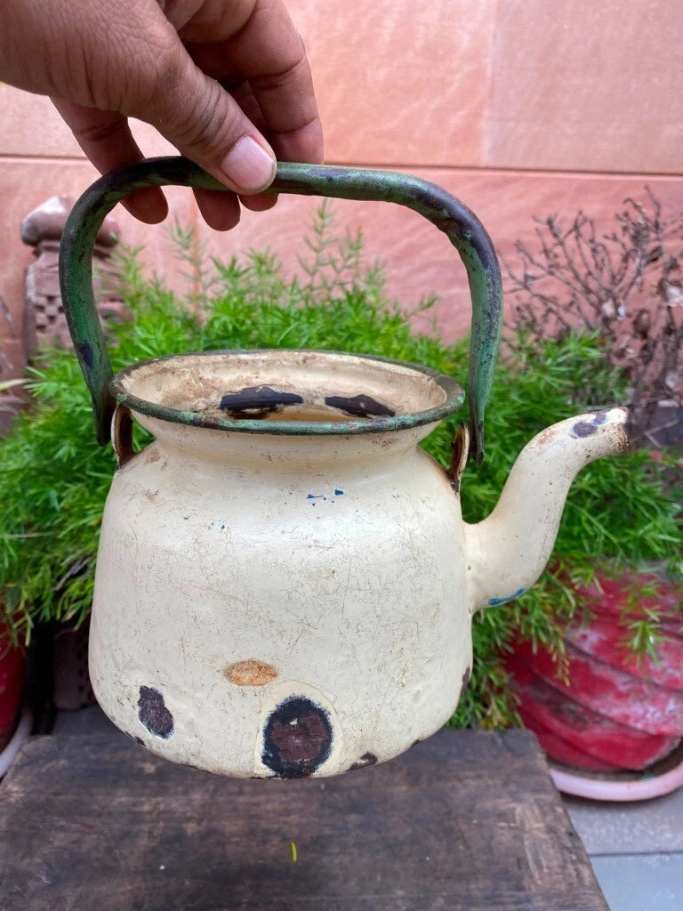 Collectible Old Cream Green Rustic Enamel Porcelain Teapot Tea Kettle | eBay