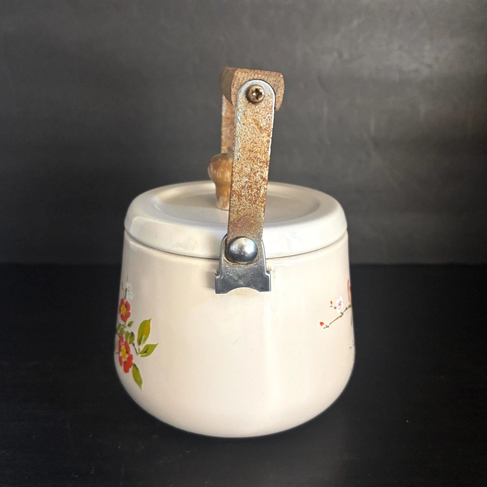 Vintage Enamel Tea Pot Kettle 5 Cup Birds Orange Floral Wood Handle & Knob | eBay